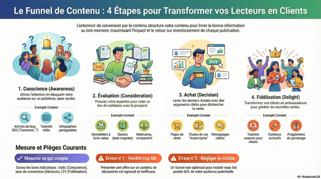 Comment le Content Marketing Funnel guide l'internaute de la découverte à l'achat. 4 étapes concrètes.