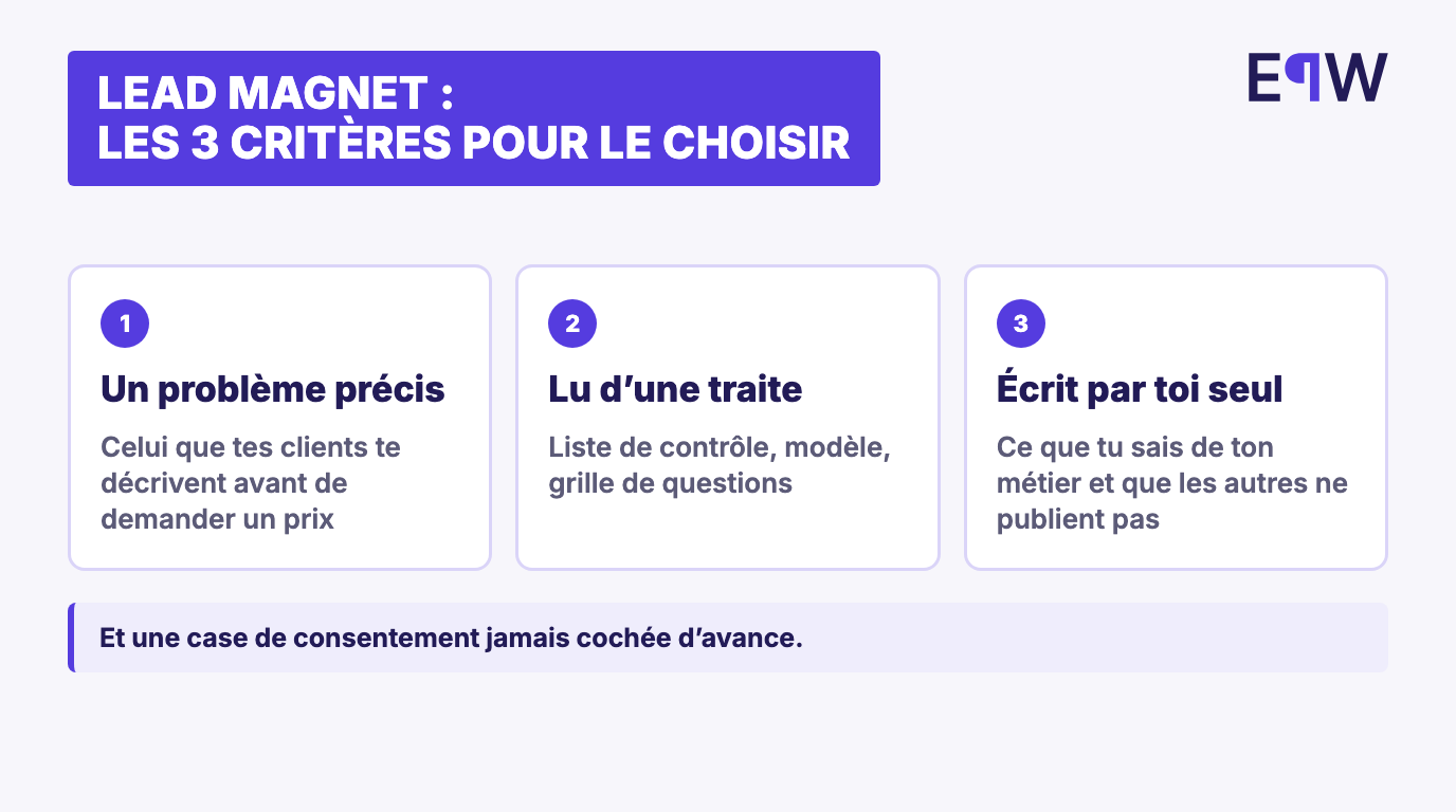 Les trois critères pour choisir un lead magnet : un problème précis, un contenu lu d'une traite, un contenu que toi seul peux écrire